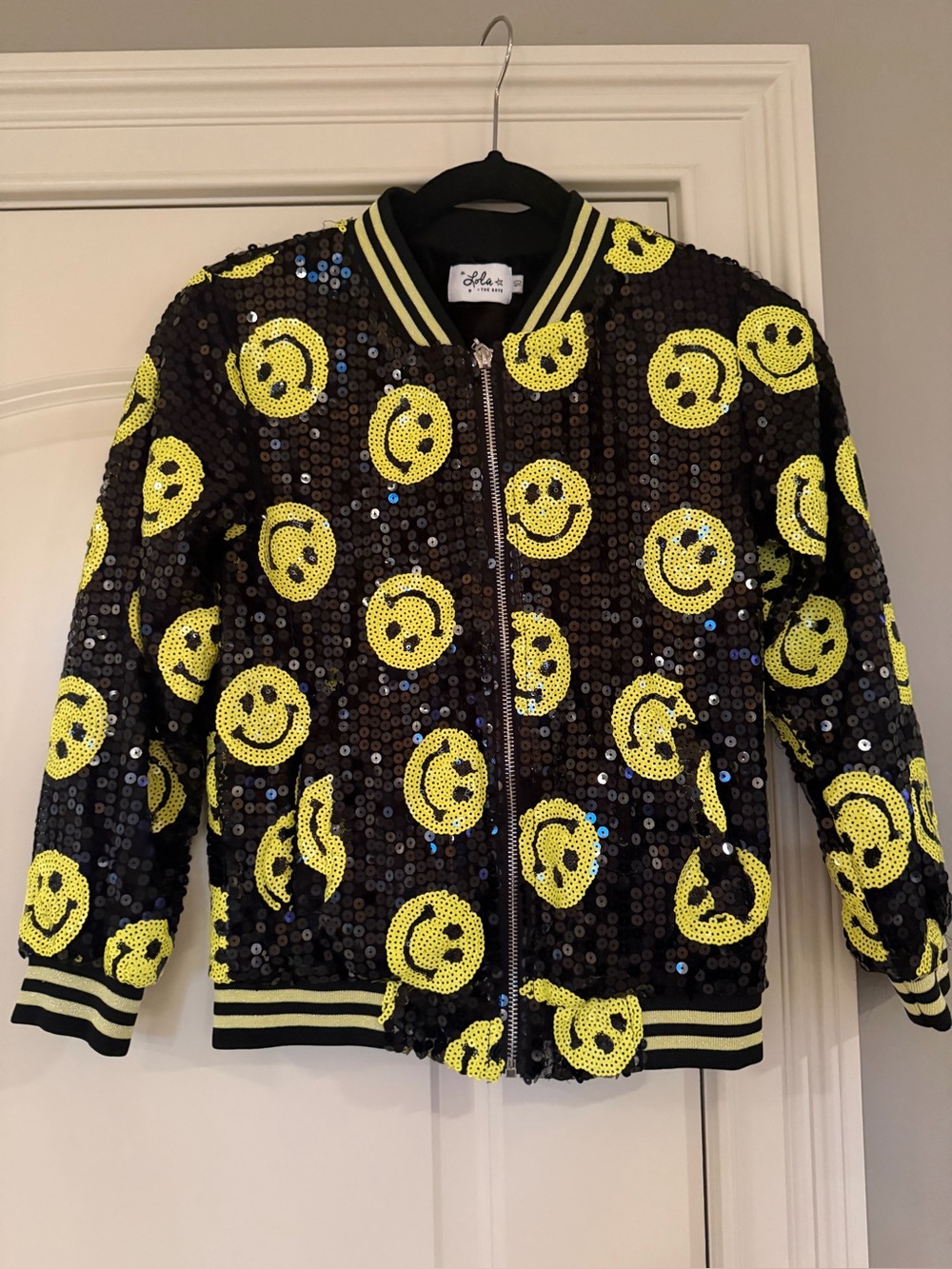 NWOT Lola + the boys girls black yellow smiley bomber zip jacket size 10
